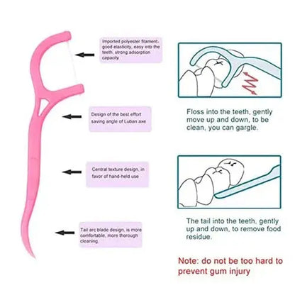 Pink dental floss pick with ergonomic handle, polyester filament, and usage instructions.