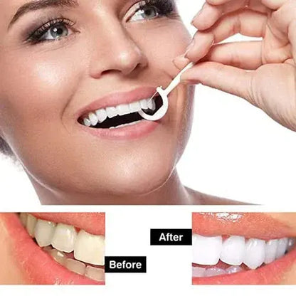 Woman using dental floss pick with before and after teeth whitening results shown.