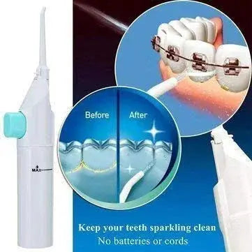 Portable water flosser cleaning teeth with braces, showing before and after plaque removal