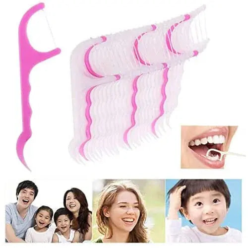 Pink dental floss picks with close-ups of people using floss picks and smiling family