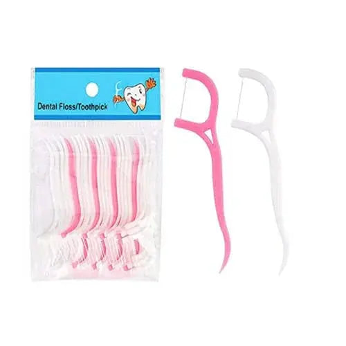Dental floss picks in pink and white, with package labeled Dental Floss/Toothpick