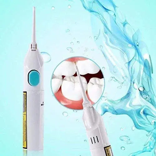 Portable dental water flosser with water jet cleaning teeth on blue background